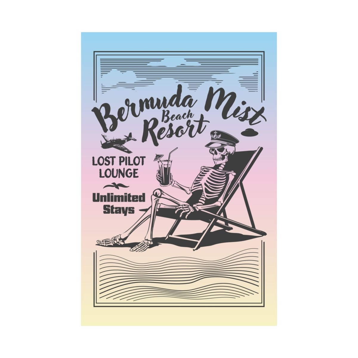 Bermuda Triangle Resort with Lost Pilot Lounge Premium Wall Art Print Poster, UFO, Funny Beach Resort