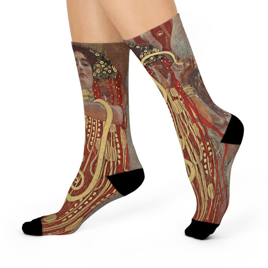 Gustav Klimt Art Fan Gift Hygieia Woman With Golden Snake Cushioned Crew Socks