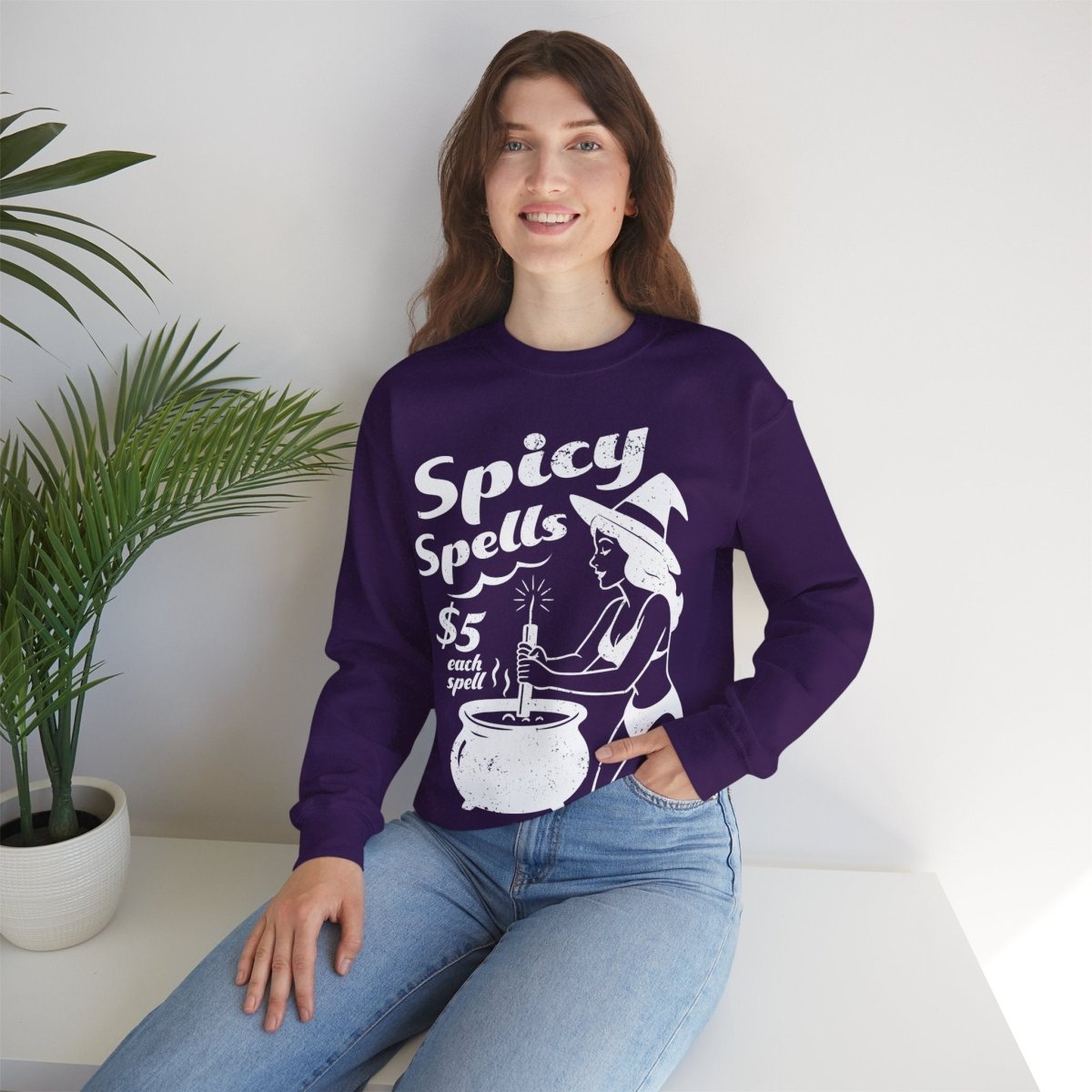 Bikini Witch Spicy Spells, Funny Dark Humor or Halloween Fleece Sweatshirt for Haunted Humor Gifting & Comic Fans, Halloween or Summerween Party