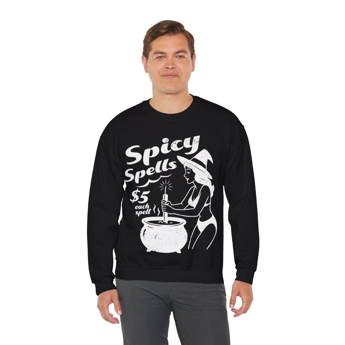 Bikini Witch Spicy Spells, Funny Dark Humor or Halloween Fleece Sweatshirt for Haunted Humor Gifting & Comic Fans, Halloween or Summerween Party