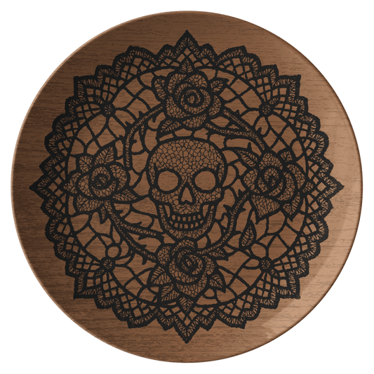 Gothic Lace Gift Skull Sanctuary Thorny Black Roses Doily on Faux Wood Plate