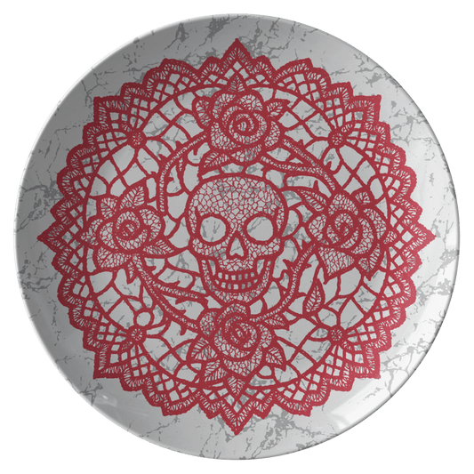 Gothic Red Lace Gift Skull Sanctuary and Thorn Roses Doily on Faux Stone Plate