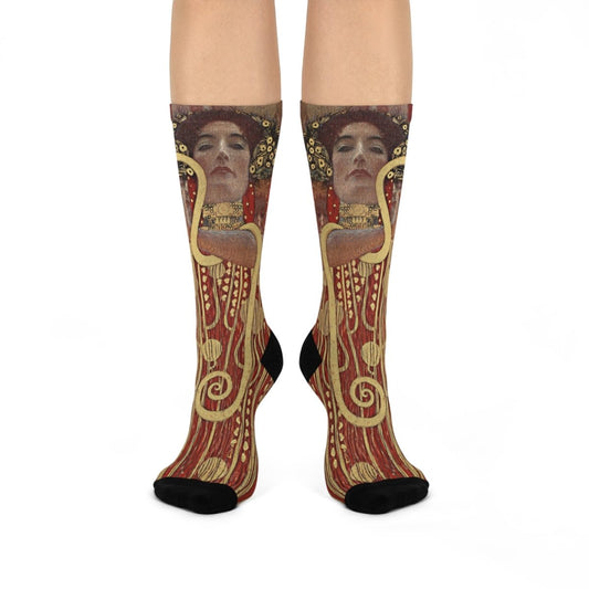 Gustav Klimt Art Fan Gift Hygieia Woman With Golden Snake Cushioned Crew Socks