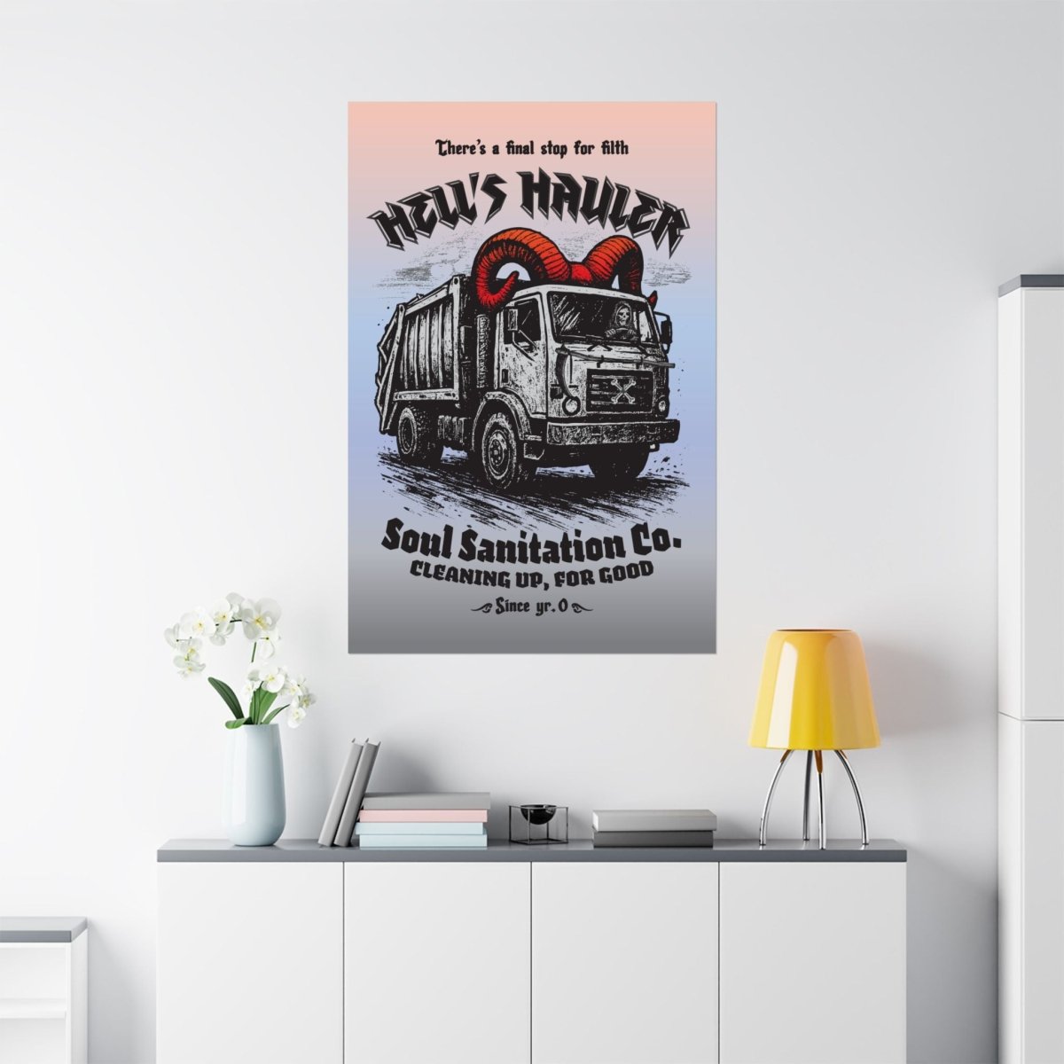 Hell's Hauler Dark Humor Funny Horror Spooky Style Decor Premium Wall Art Print, Grim Reaper Goth Halloween Indie Tattoo Design Vibes