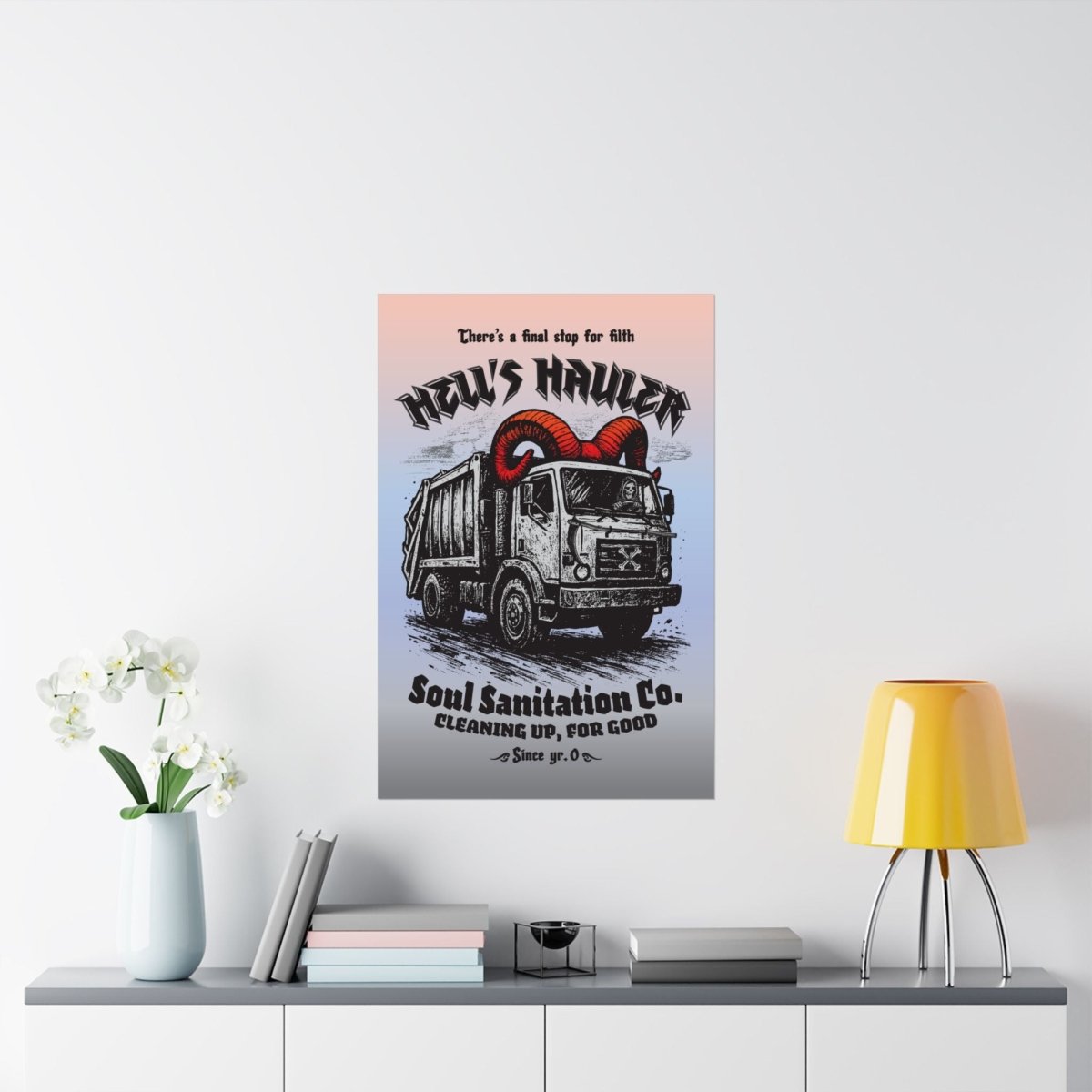 Hell's Hauler Dark Humor Funny Horror Spooky Style Decor Premium Wall Art Print, Grim Reaper Goth Halloween Indie Tattoo Design Vibes