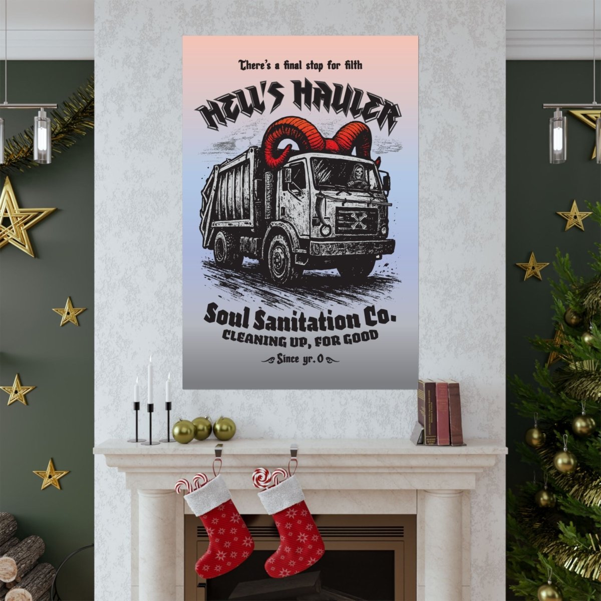 Hell's Hauler Dark Humor Funny Horror Spooky Style Decor Premium Wall Art Print, Grim Reaper Goth Halloween Indie Tattoo Design Vibes