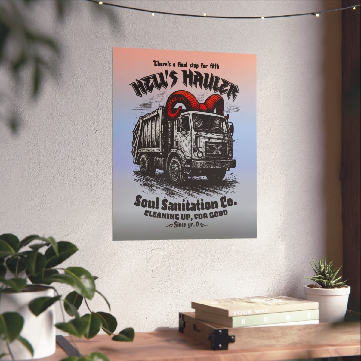 Hell's Hauler Dark Humor Funny Horror Spooky Style Decor Premium Wall Art Print, Grim Reaper Goth Halloween Indie Tattoo Design Vibes