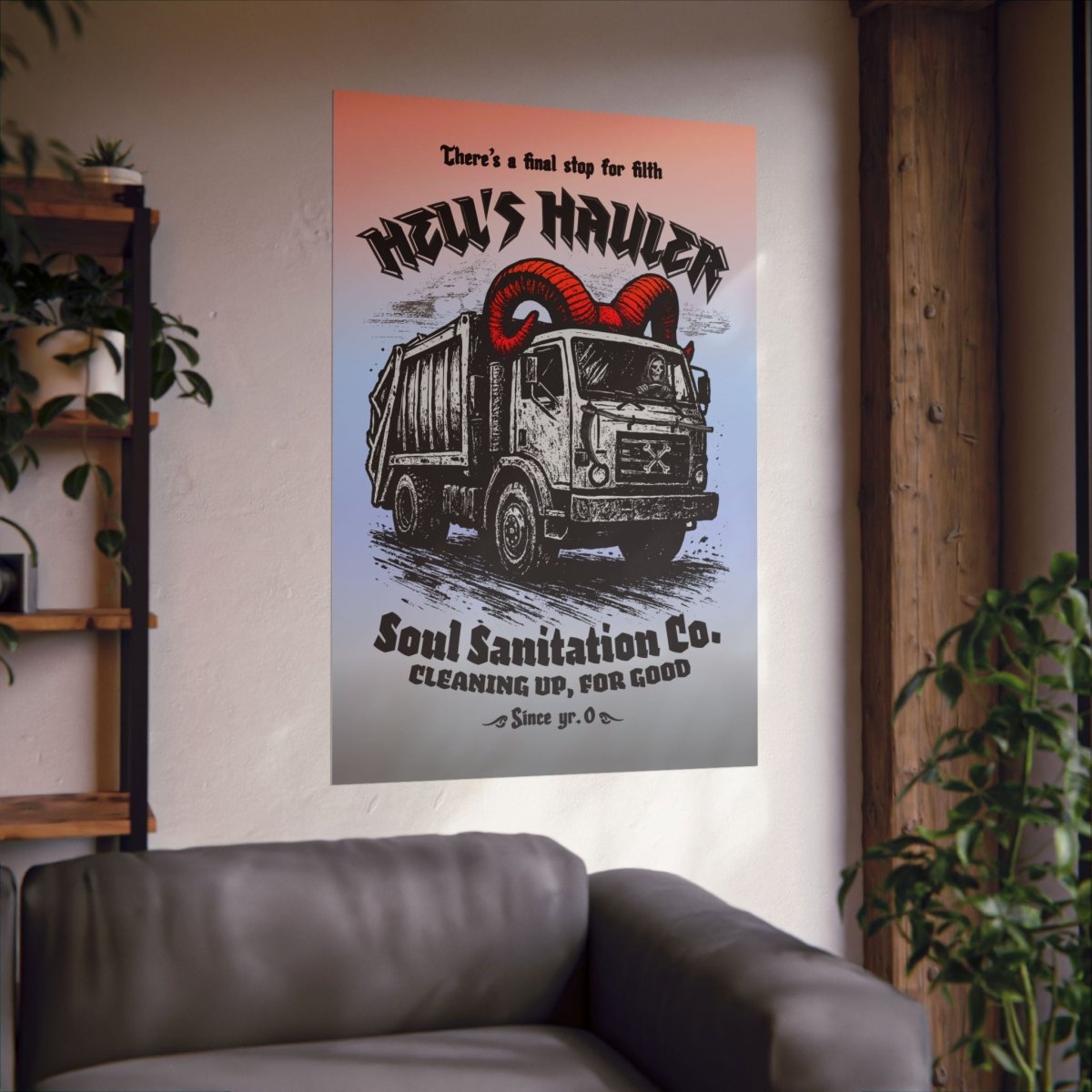 Hell's Hauler Dark Humor Funny Horror Spooky Style Decor Premium Wall Art Print, Grim Reaper Goth Halloween Indie Tattoo Design Vibes