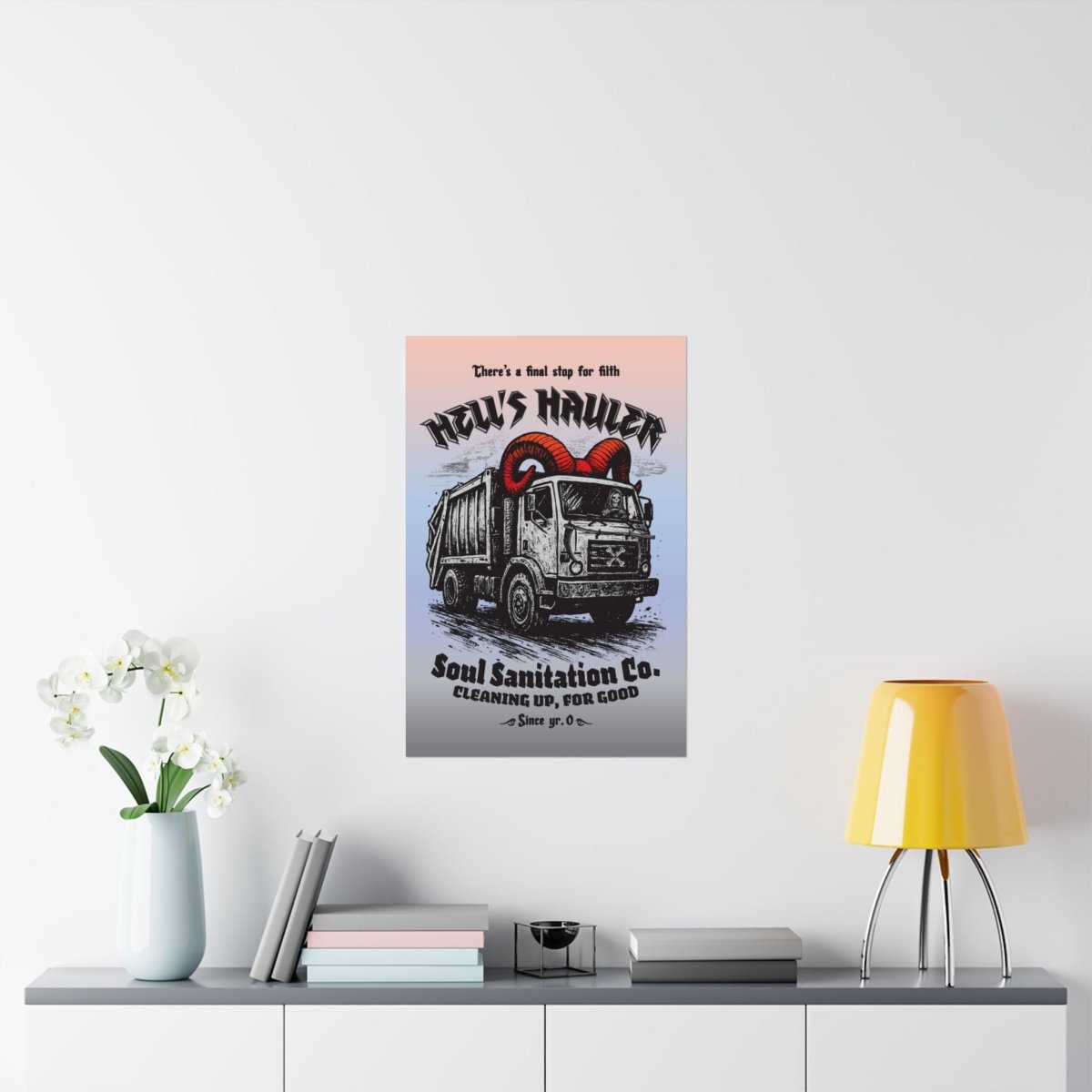 Hell's Hauler Dark Humor Funny Horror Spooky Style Decor Premium Wall Art Print, Grim Reaper Goth Halloween Indie Tattoo Design Vibes