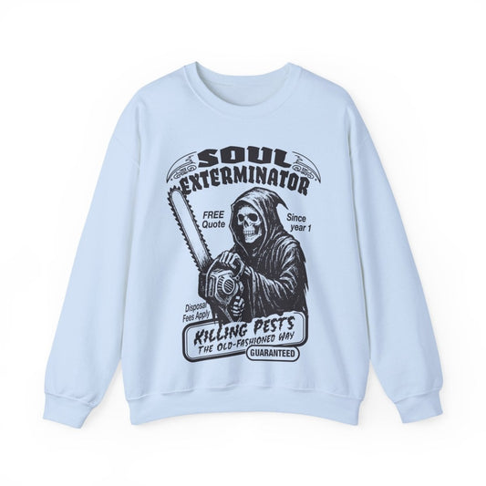 Horror Humor Soul Exterminator Chainsaw Vintage Graphic Halloween Style Spooky Sweatshirt