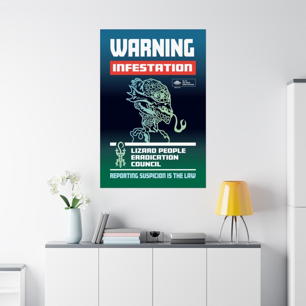 Lizard People Warning Premium Art Print, Alien Warning