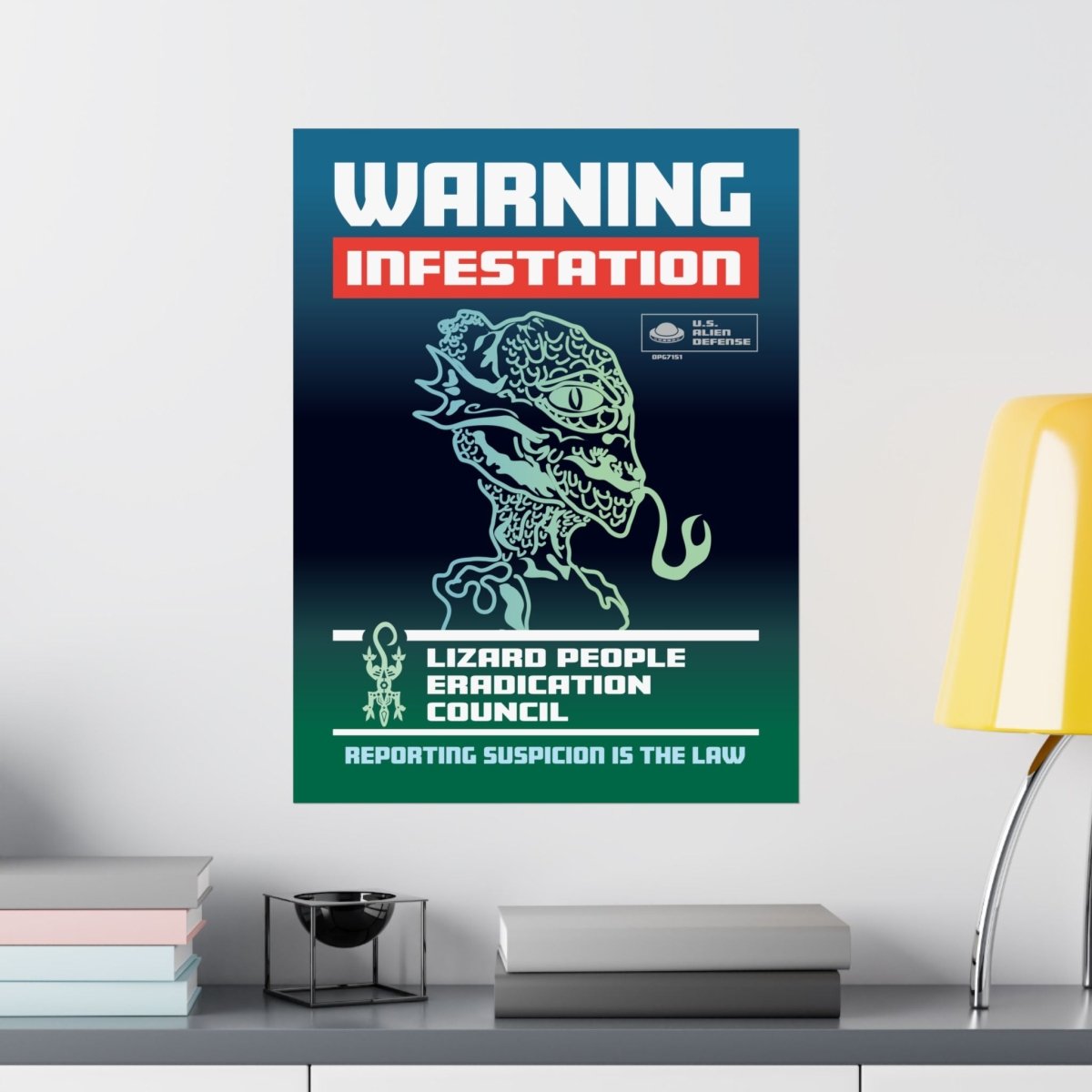 Lizard People Warning Premium Art Print, Alien Warning