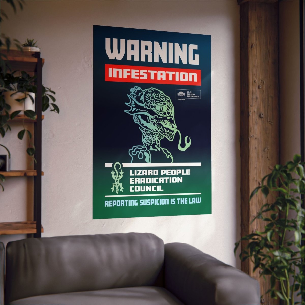 Lizard People Warning Premium Art Print, Alien Warning