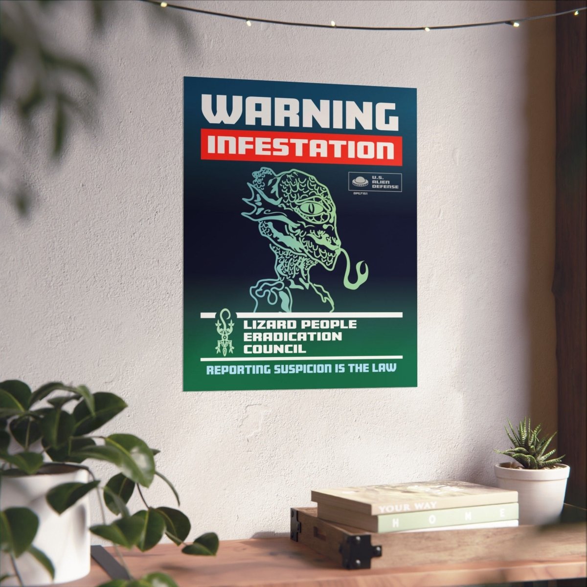 Lizard People Warning Premium Art Print, Alien Warning