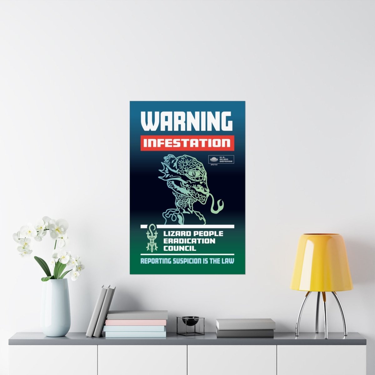 Lizard People Warning Premium Art Print, Alien Warning