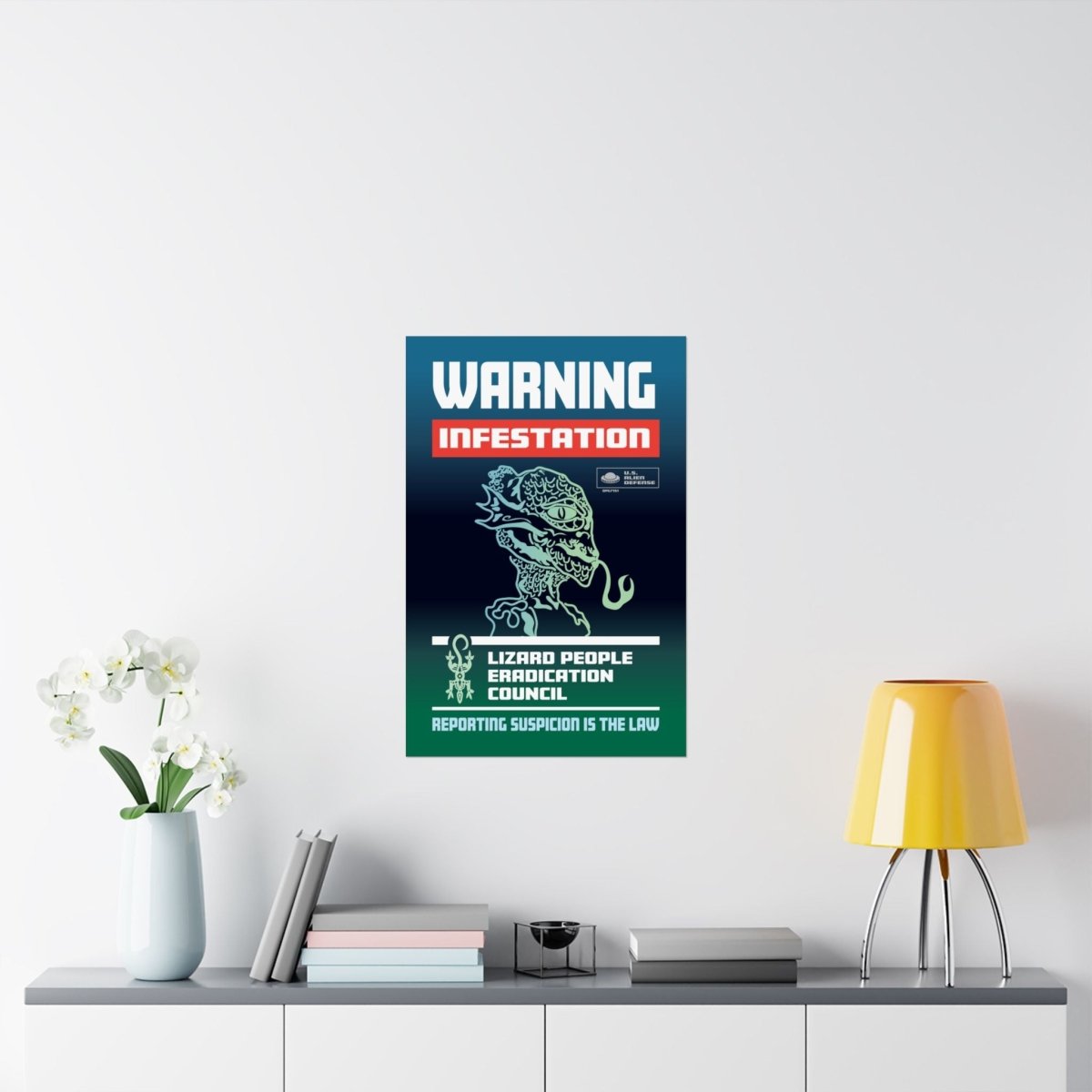 Lizard People Warning Premium Art Print, Alien Warning