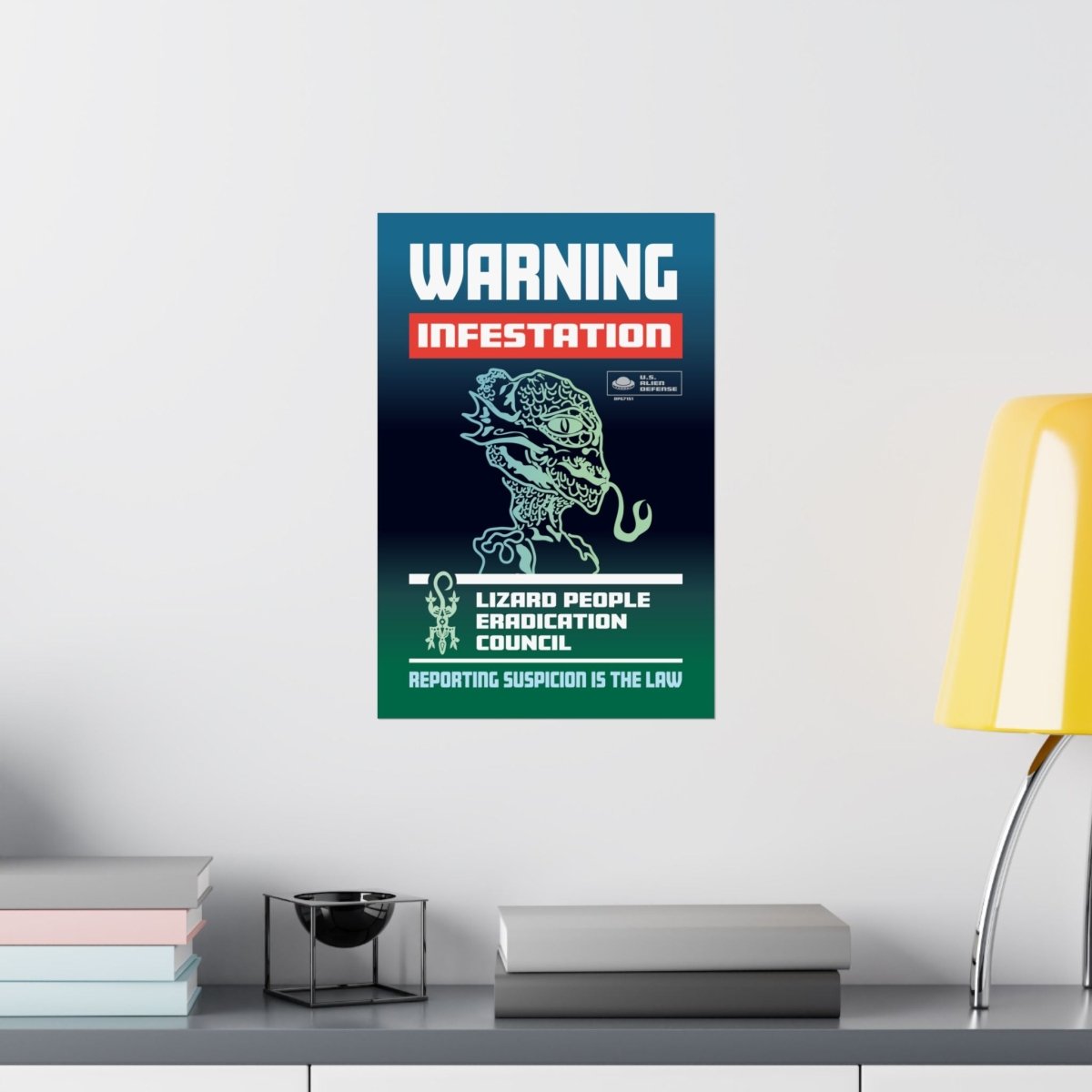 Lizard People Warning Premium Art Print, Alien Warning