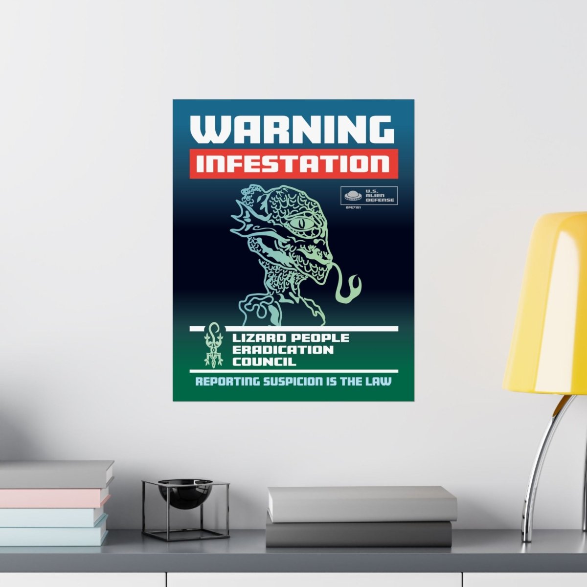 Lizard People Warning Premium Art Print, Alien Warning