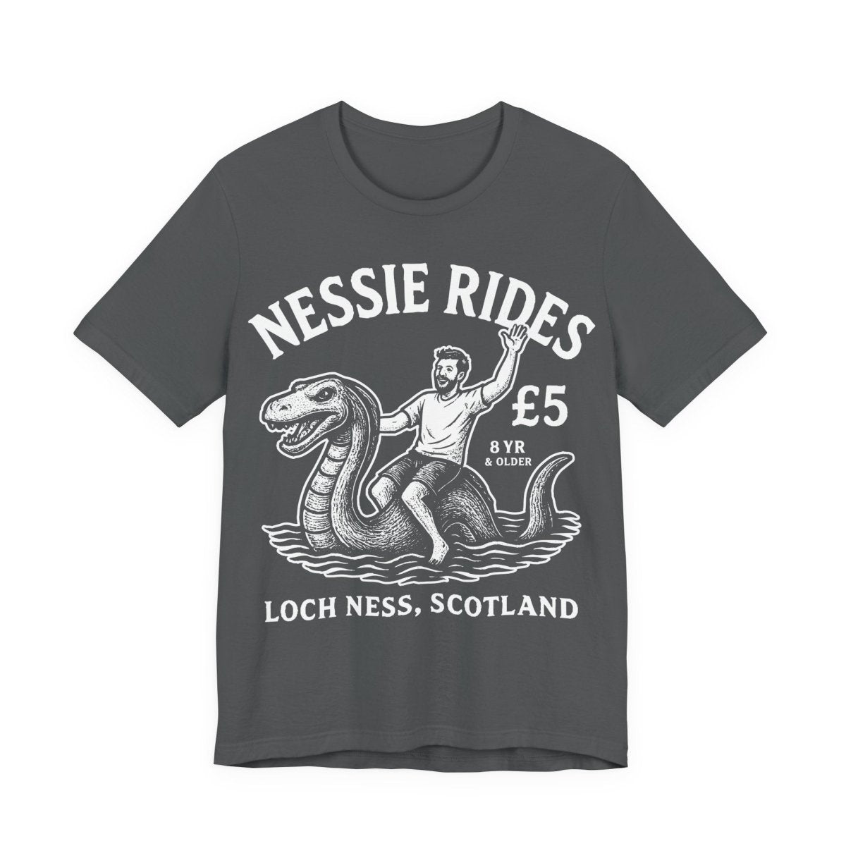 Loch Ness Monster Rides Funny Man Premium T shirt, Nessie, UK Scotland Local