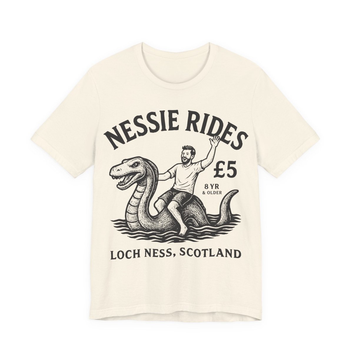 Loch Ness Monster Rides Funny Man Premium T shirt, Nessie, UK Scotland Local