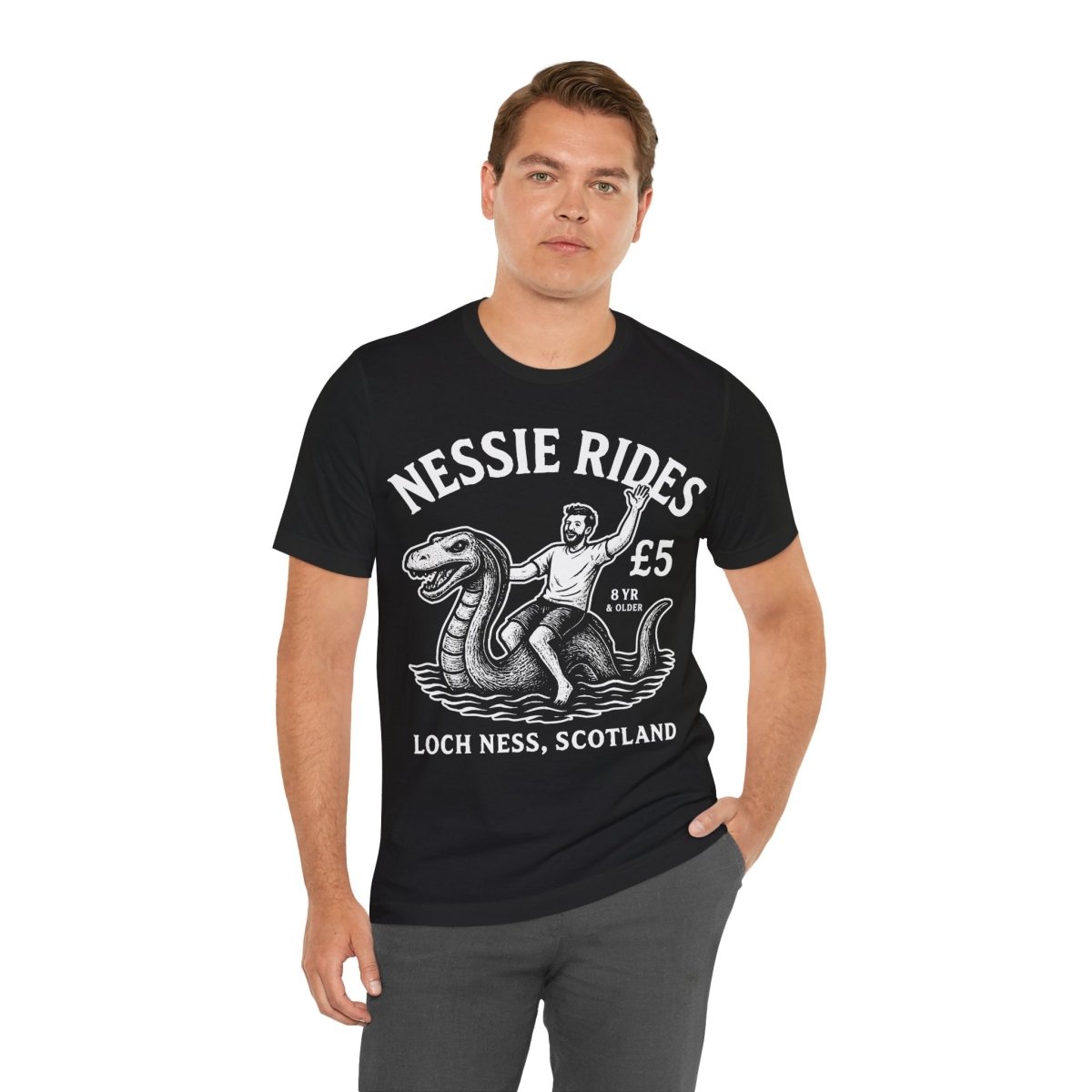 Loch Ness Monster Rides Funny Man Premium T shirt, Nessie, UK Scotland Local