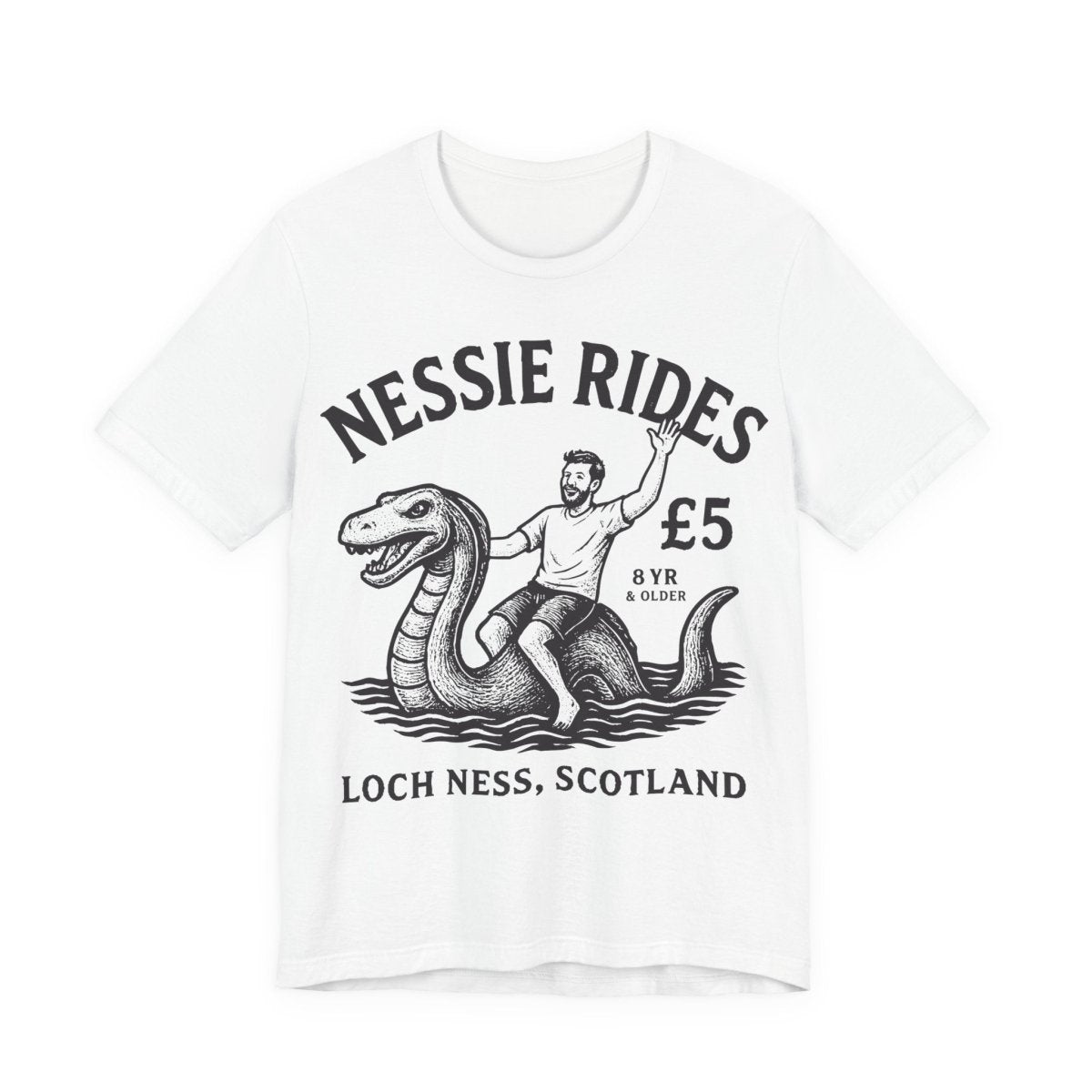 Loch Ness Monster Rides Funny Man Premium T shirt, Nessie, UK Scotland Local