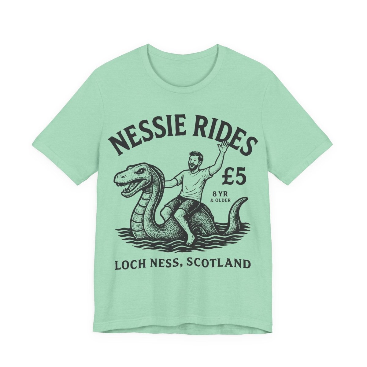 Loch Ness Monster Rides Funny Man Premium T shirt, Nessie, UK Scotland Local