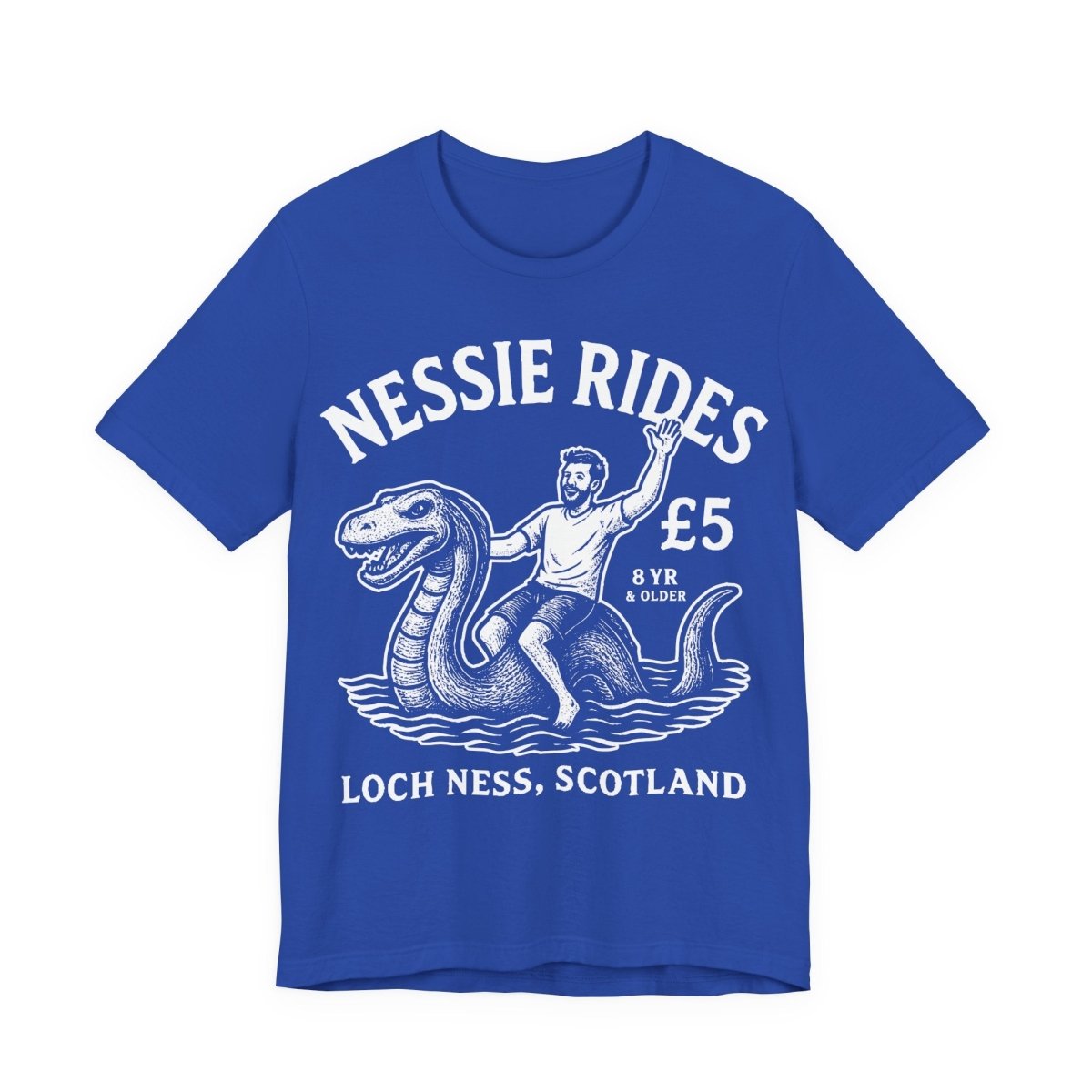 Loch Ness Monster Rides Funny Man Premium T shirt, Nessie, UK Scotland Local