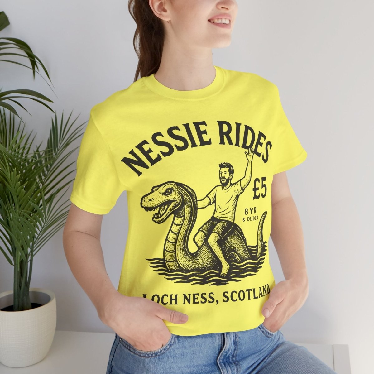 Loch Ness Monster Rides Funny Man Premium T shirt, Nessie, UK Scotland Local