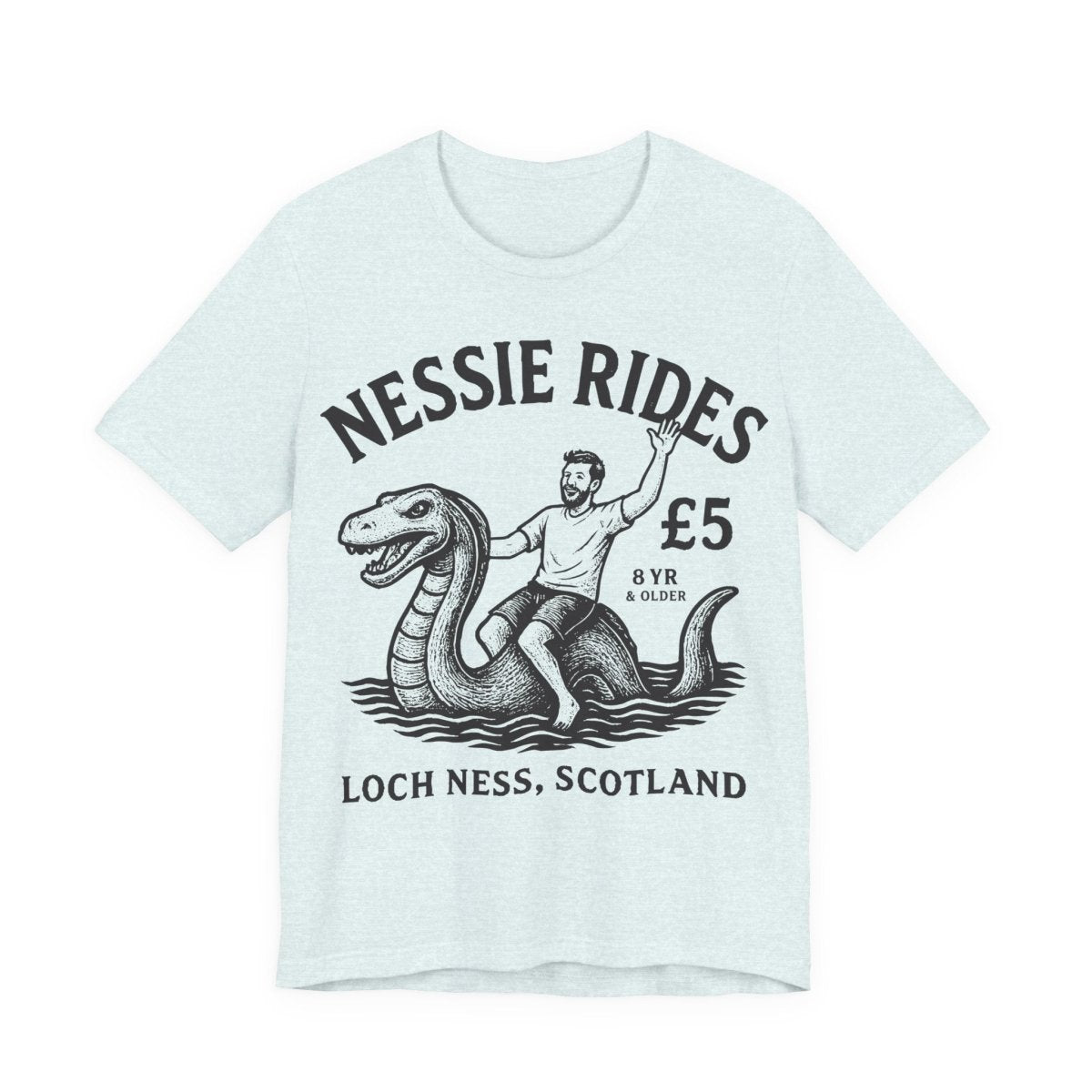 Loch Ness Monster Rides Funny Man Premium T shirt, Nessie, UK Scotland Local