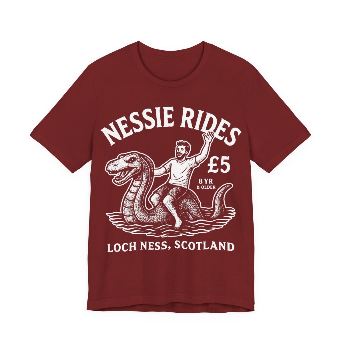 Loch Ness Monster Rides Funny Man Premium T shirt, Nessie, UK Scotland Local
