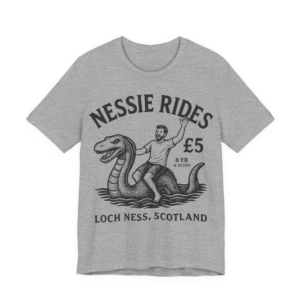 Loch Ness Monster Rides Funny Man Premium T shirt, Nessie, UK Scotland Local