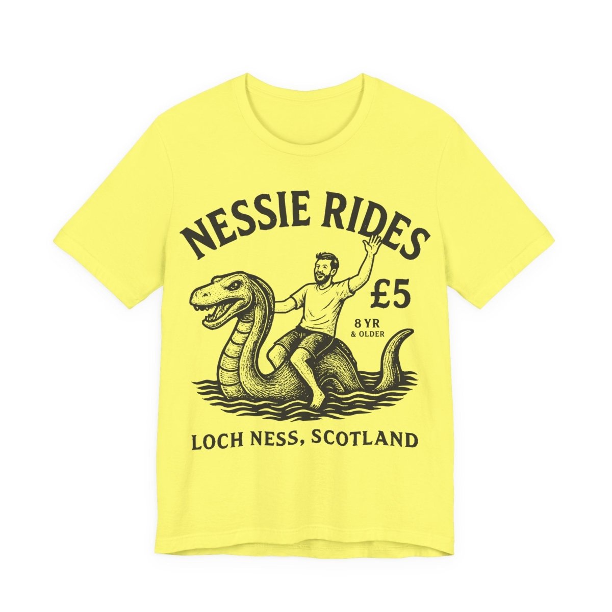 Loch Ness Monster Rides Funny Man Premium T shirt, Nessie, UK Scotland Local