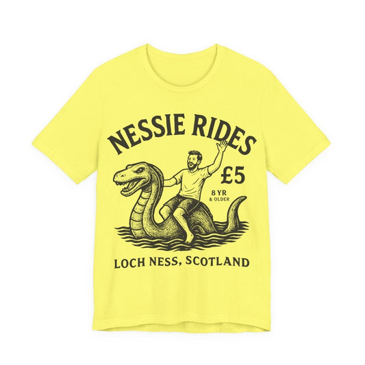 Loch Ness Monster Rides Funny Man Premium T shirt, Nessie, UK Scotland Local