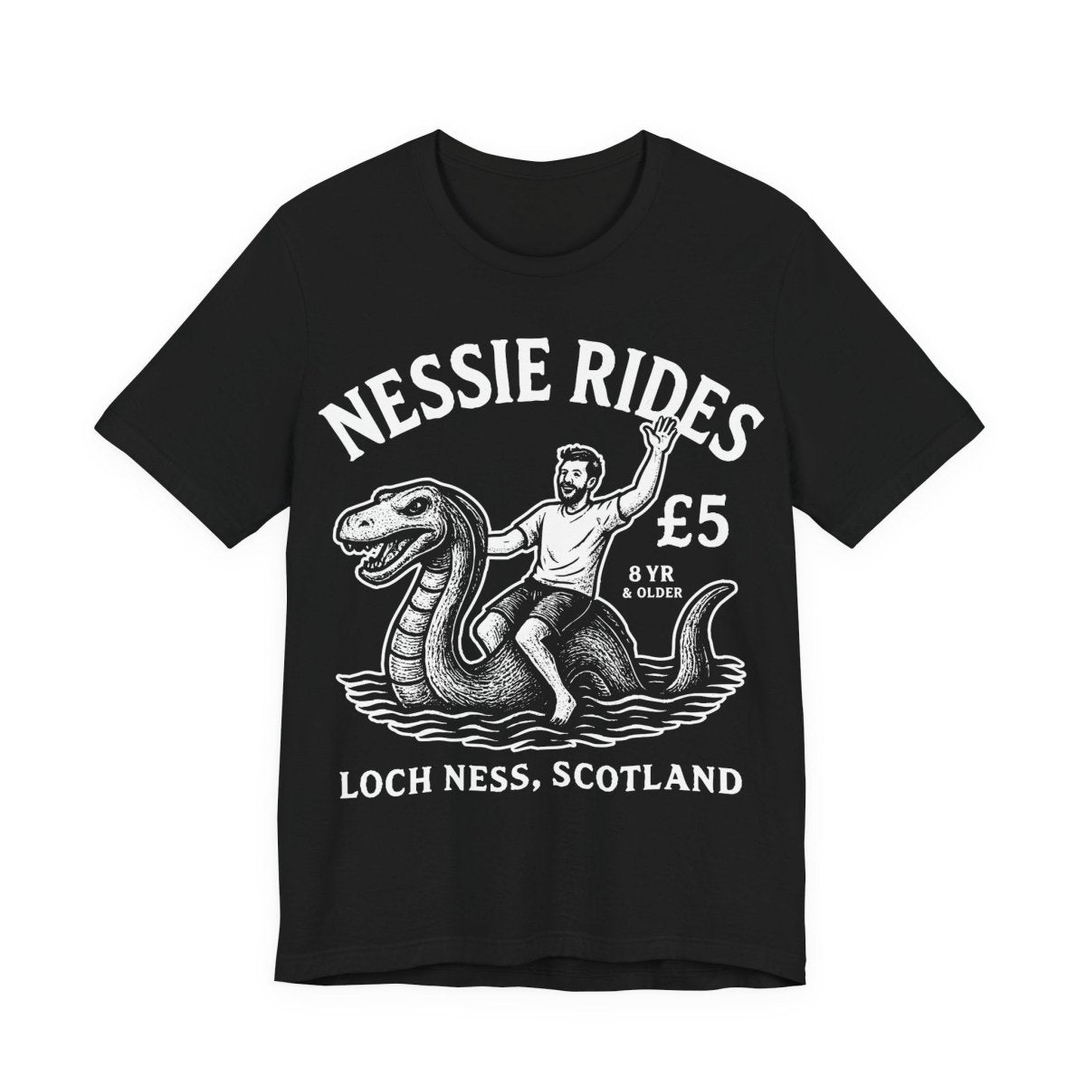 Loch Ness Monster Rides Funny Man Premium T shirt, Nessie, UK Scotland Local