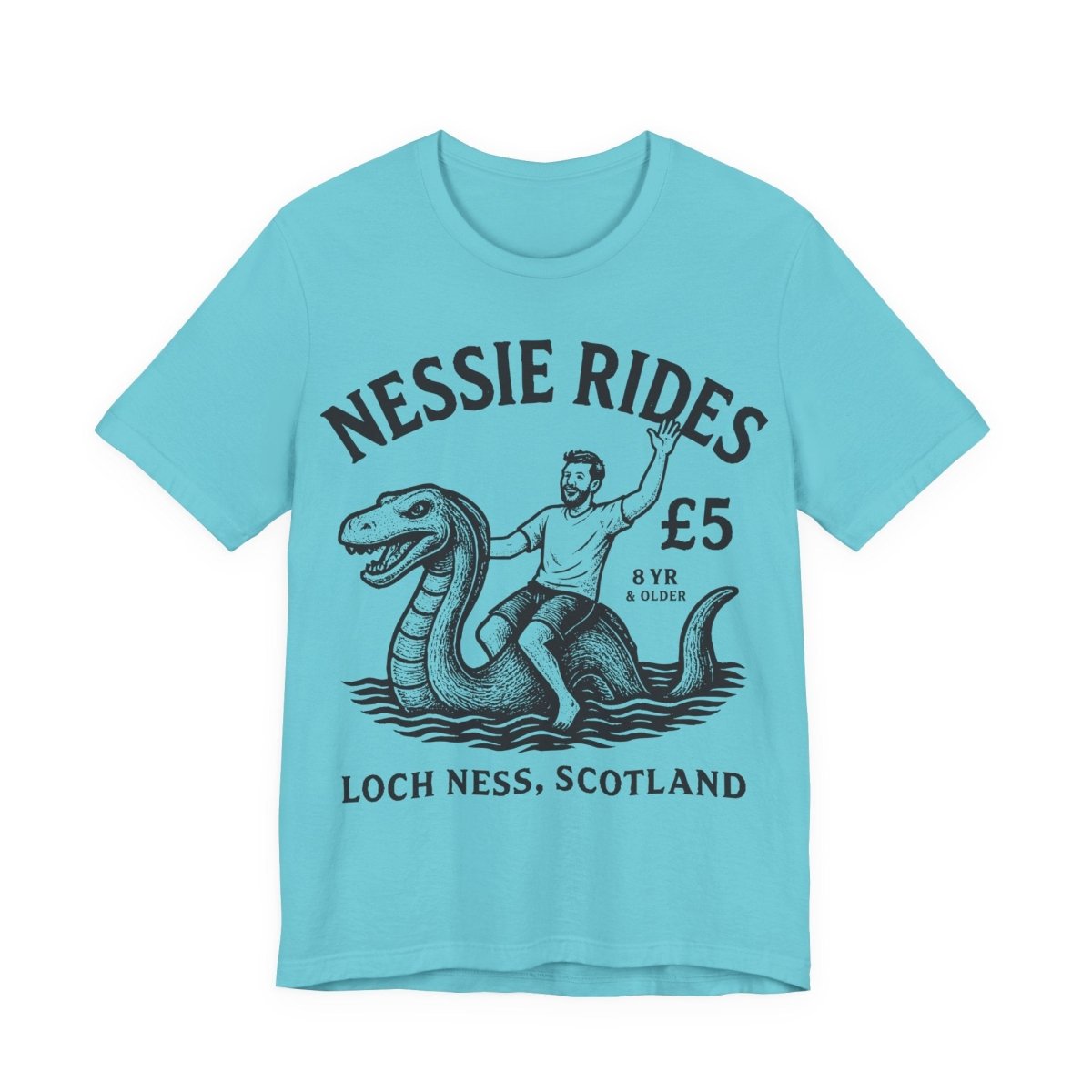 Loch Ness Monster Rides Funny Man Premium T shirt, Nessie, UK Scotland Local