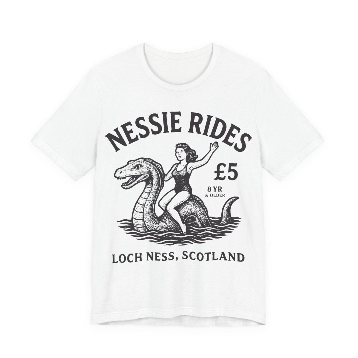 Loch Ness Monster Rides Funny Woman Premium T shirt, Nessie, UK Scotland Local