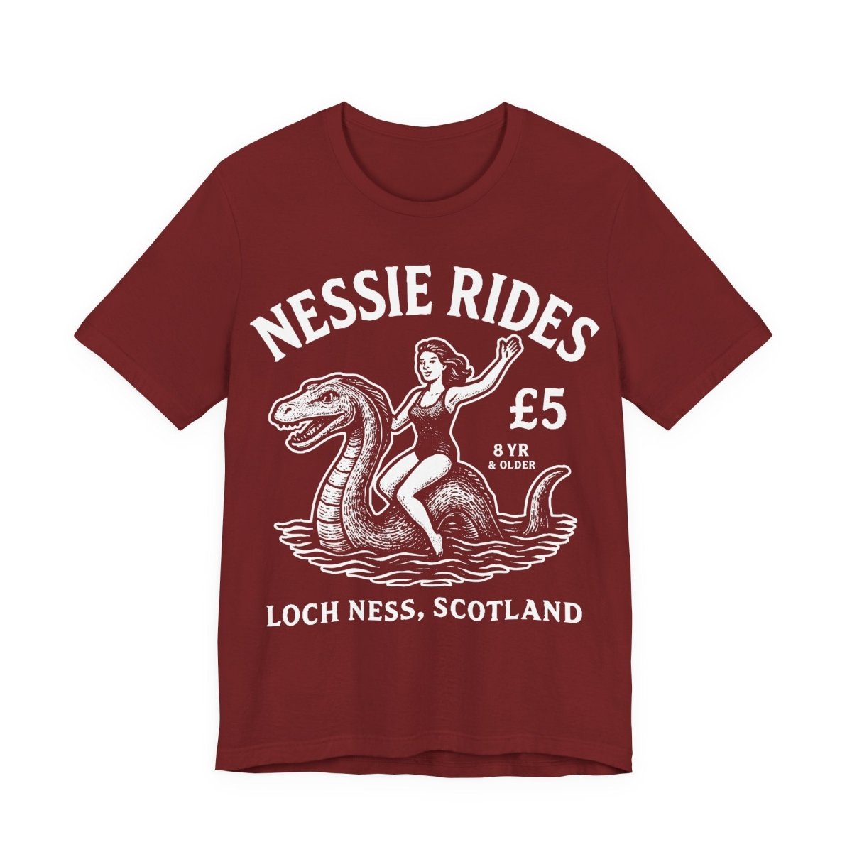 Loch Ness Monster Rides Funny Woman Premium T shirt, Nessie, UK Scotland Local