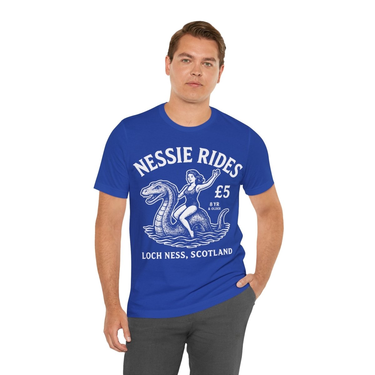 Loch Ness Monster Rides Funny Woman Premium T shirt, Nessie, UK Scotland Local