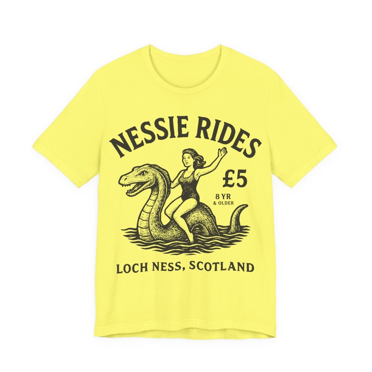 Loch Ness Monster Rides Funny Woman Premium T shirt, Nessie, UK Scotland Local