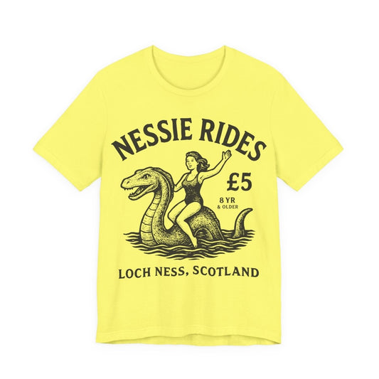 Loch Ness Monster Rides Funny Woman Premium T shirt, Nessie, UK Scotland Local