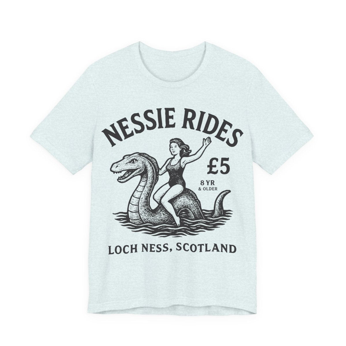 Loch Ness Monster Rides Funny Woman Premium T shirt, Nessie, UK Scotland Local