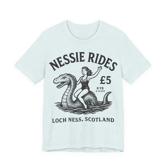 Loch Ness Monster Rides Funny Woman Premium T shirt, Nessie, UK Scotland Local