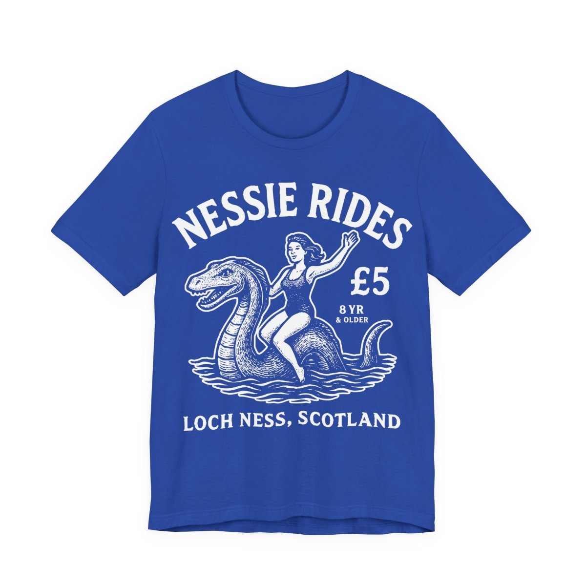 Loch Ness Monster Rides Funny Woman Premium T shirt, Nessie, UK Scotland Local
