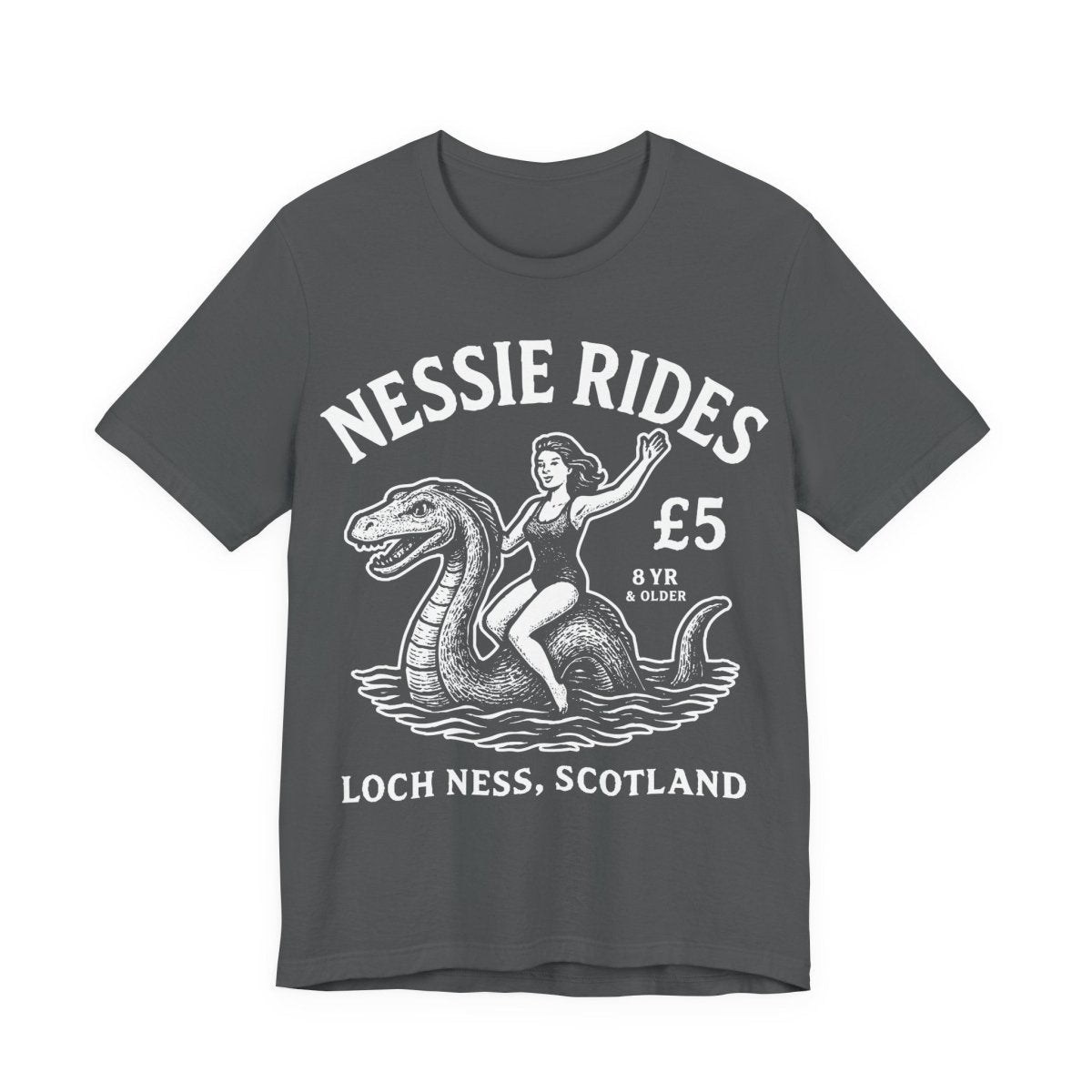 Loch Ness Monster Rides Funny Woman Premium T shirt, Nessie, UK Scotland Local