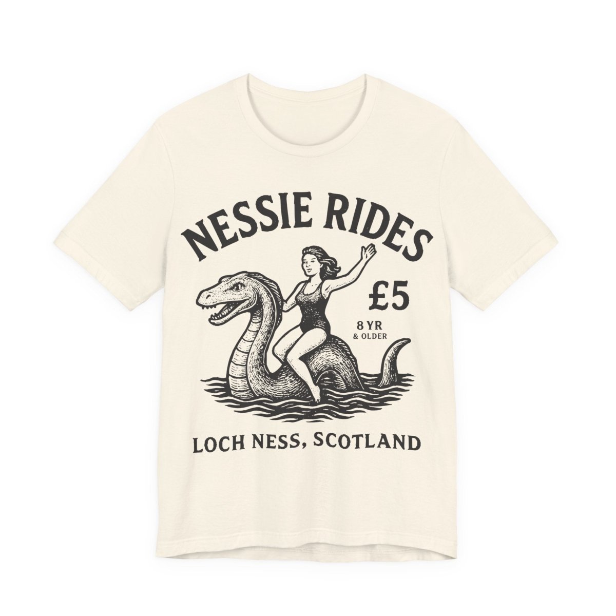Loch Ness Monster Rides Funny Woman Premium T shirt, Nessie, UK Scotland Local
