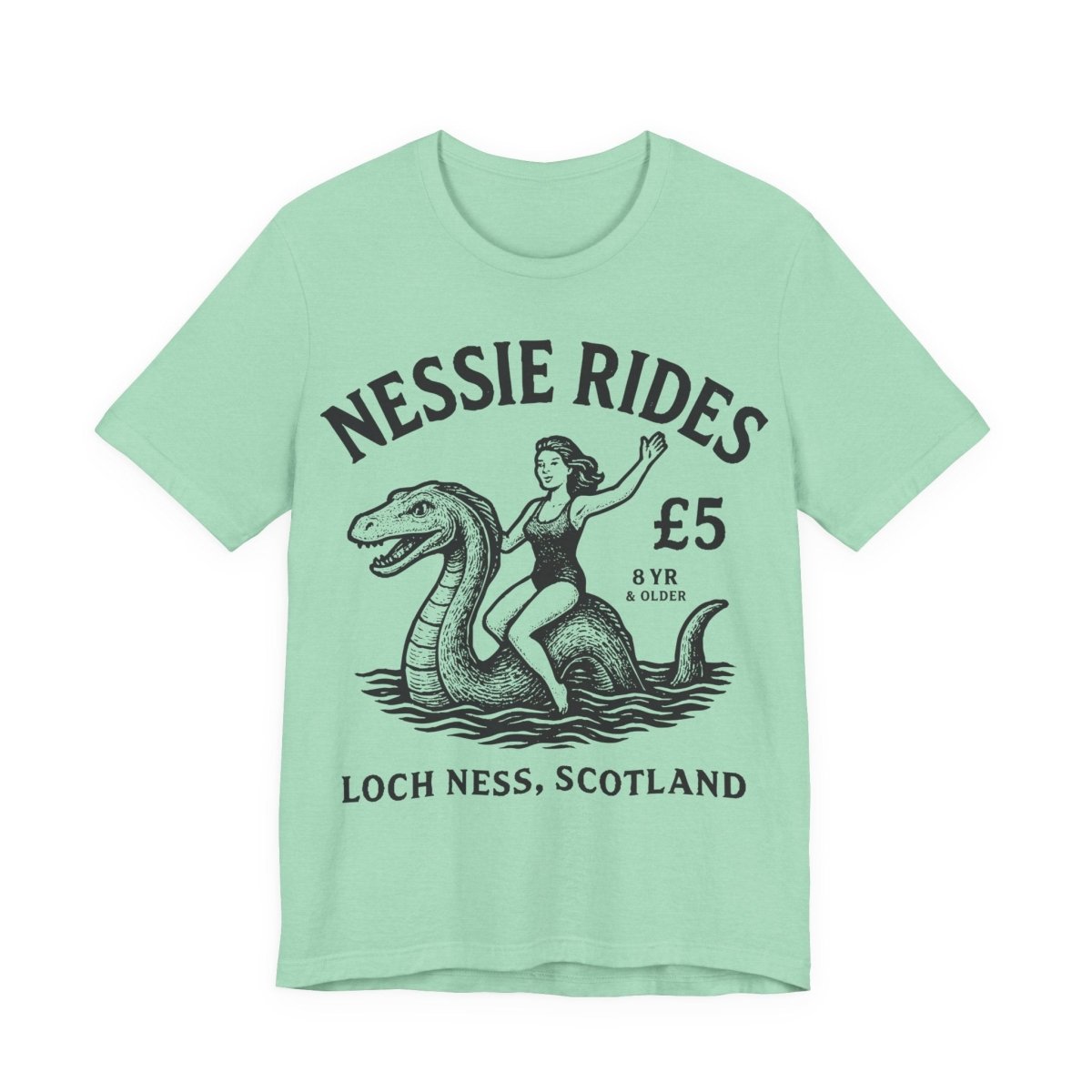 Loch Ness Monster Rides Funny Woman Premium T shirt, Nessie, UK Scotland Local