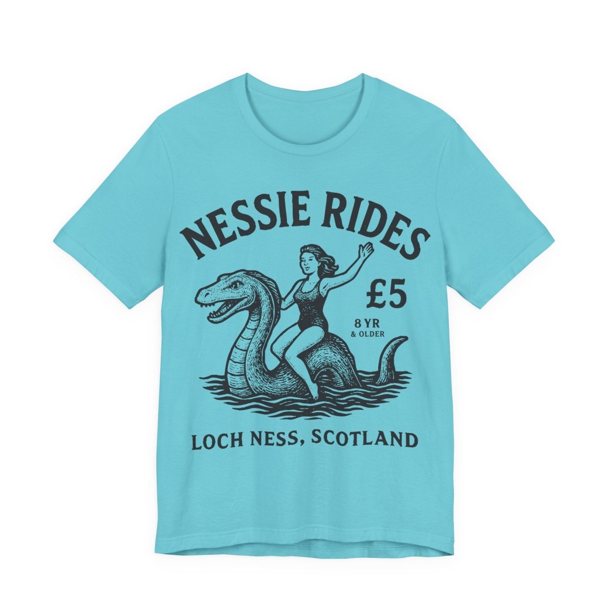 Loch Ness Monster Rides Funny Woman Premium T shirt, Nessie, UK Scotland Local