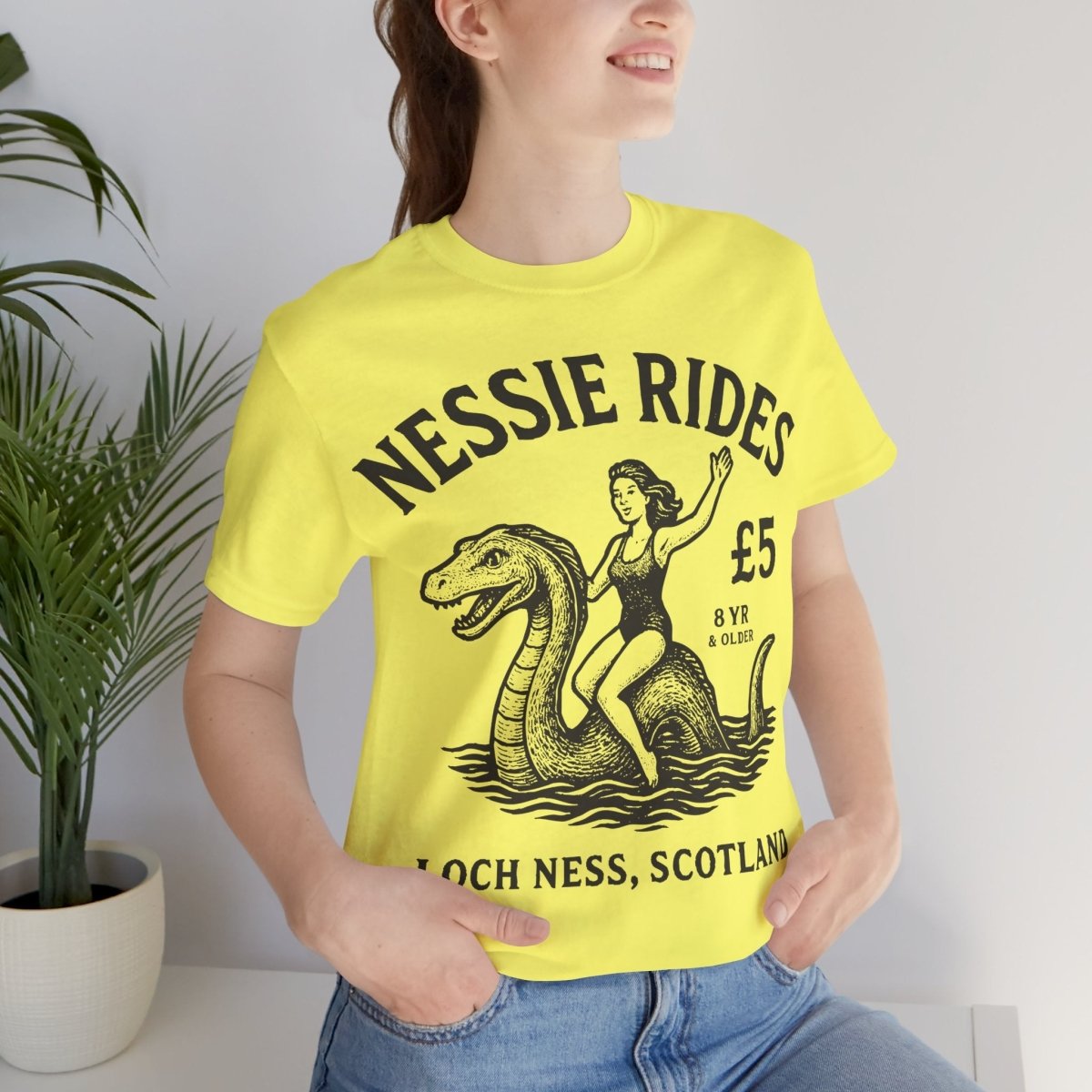 Loch Ness Monster Rides Funny Woman Premium T shirt, Nessie, UK Scotland Local