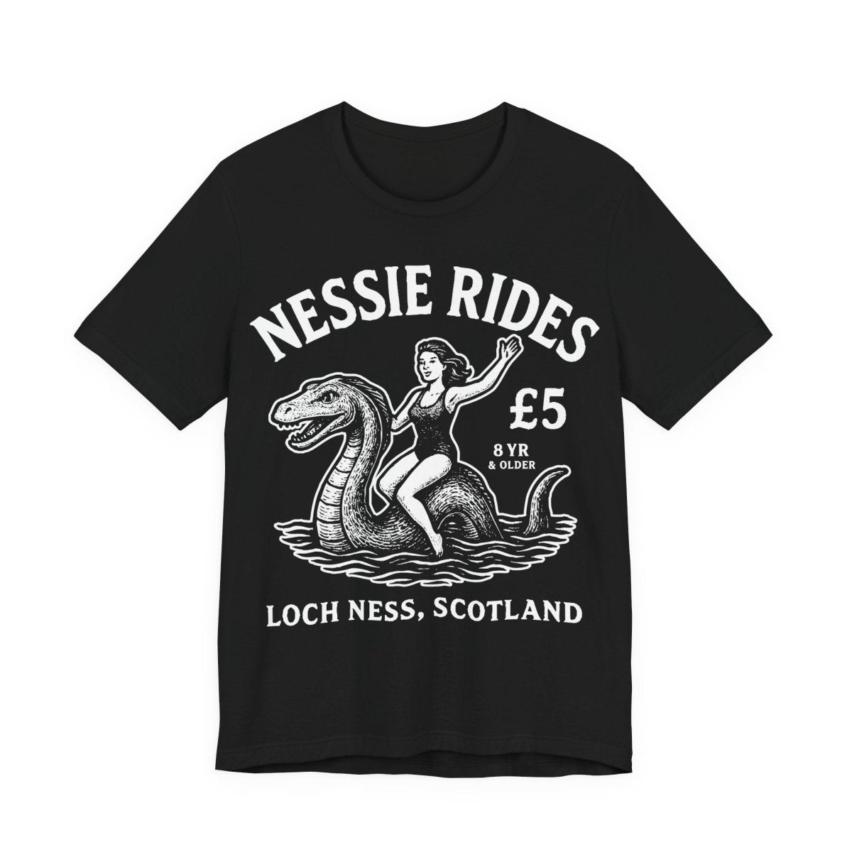 Loch Ness Monster Rides Funny Woman Premium T shirt, Nessie, UK Scotland Local